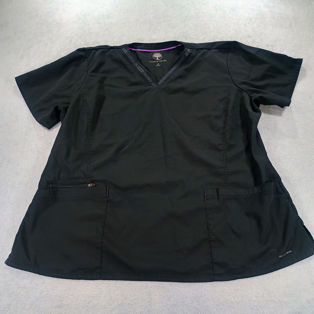 Healing Hands Women Scrub Top Black 2X V-Neck Zipper Pocket